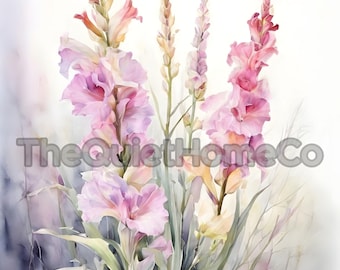 28 Mieczyków Clipart | Akwarela, różowo-fioletowa sztuka kwiatowa | Botaniczna grafika kwiatowa | Zestaw JPG nr 301