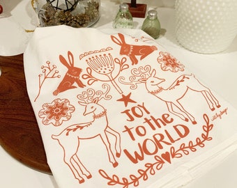 Scandinavian Christmas Flour Sack Towel, Red and White Holiday Kitchen Decor