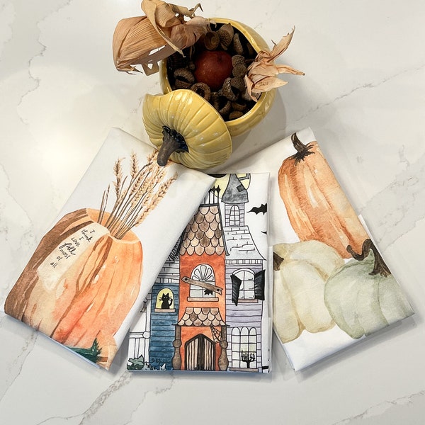 You Pick three designs Cotton Flour Sack Towels, Hostess gifts, Thanksgiving gift, bulk pricing, foodie gift, fraiches asperges, pumpkins