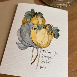 Sympathy Card / strength, comfort and peace / watercolor and ink / single folded card / blank inside / Kraft envelope