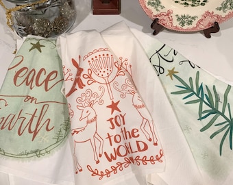 Cotton Flour Sack Tea Towels, Holiday Designs, Set of 3