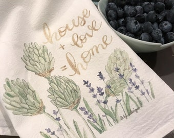 SALE END of STOCK, house + love = home, Cotton Flour Sack Towel, Lavender flowers, herbs, hostess gift, new house, foodie gift, Realtor gift