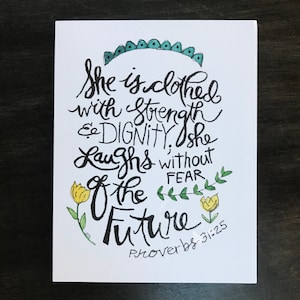 Carte de correspondance Proverbes 31 / Elle est vêtue de force et de dignité / aquarelle et encre / carte pliée simple / intérieur vierge / Enveloppe kraft