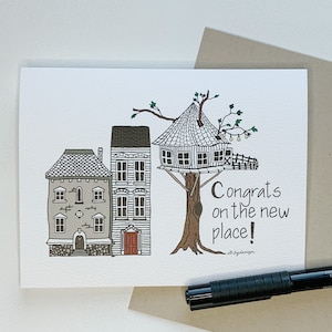 Félicitations pour ce nouvel endroit ! carte postale / aquarelle et encre / carte pliée simple / intérieur vierge / Enveloppe kraft / maison neuve