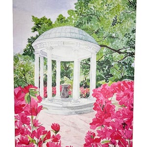 May include: A watercolor painting of a white gazebo with a domed roof surrounded by pink flowers. The gazebo is surrounded by green trees and bushes.