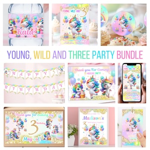 Pack 3e anniversaire, invitation Young Wild et Three, modèles de cartes de remerciement Canva, panneau d'anniversaire, étiquette cadeau, pack fête licorne