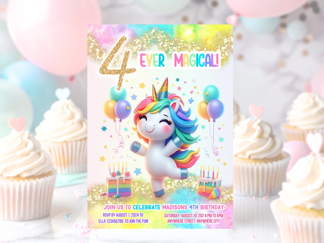 Unicorn Invitation, 4th Birthday Invitation, Four Ever Magical Invite ...