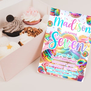 Sweets Invite, Seventh Birthday Invitation, Sweets Phone Invite, Girls 7th Birthday Invitation, Candy Land Invite, Ice Cream Birthday