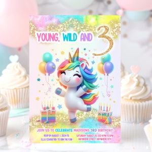 3rd Birthday Invitation, Young Wild and Three Invite, Magical Celebration, 3 Year Old Invite, Girls Rainbow Unicorn Birthday Invitation