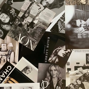 Puede incluir: Un collage de im&aacute;genes en blanco y negro con modelos de moda, portadas de revistas y texto. El texto incluye "Ralph Lauren Eyewear", "Nov", "Contents", "Chan", "Fine" y "Pomellato".
