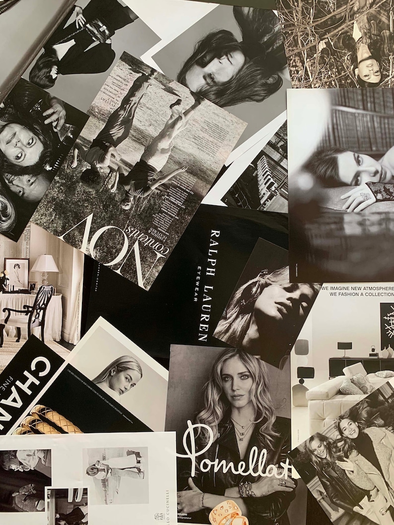 Puede incluir: Un collage de im&aacute;genes en blanco y negro con modelos de moda, portadas de revistas y texto. El texto incluye "Ralph Lauren Eyewear", "Nov", "Contents", "Chan", "Fine" y "Pomellato".