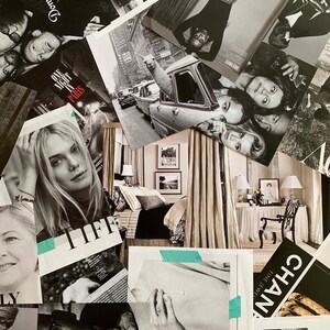 Puede incluir: Un collage de im&aacute;genes en blanco y negro que presenta moda, viajes y dise&ntilde;o de interiores. Las im&aacute;genes incluyen una llama, una mujer con un vestido, un dormitorio y una calle de la ciudad. El texto "One Night in Paris" es visible en el collage.