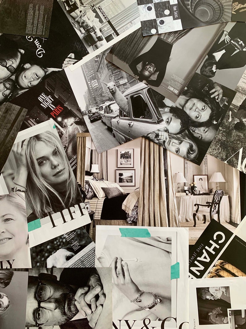 Puede incluir: Un collage de im&aacute;genes en blanco y negro que presenta moda, viajes y dise&ntilde;o de interiores. Las im&aacute;genes incluyen una llama, una mujer con un vestido, un dormitorio y una calle de la ciudad. El texto "One Night in Paris" es visible en el collage.