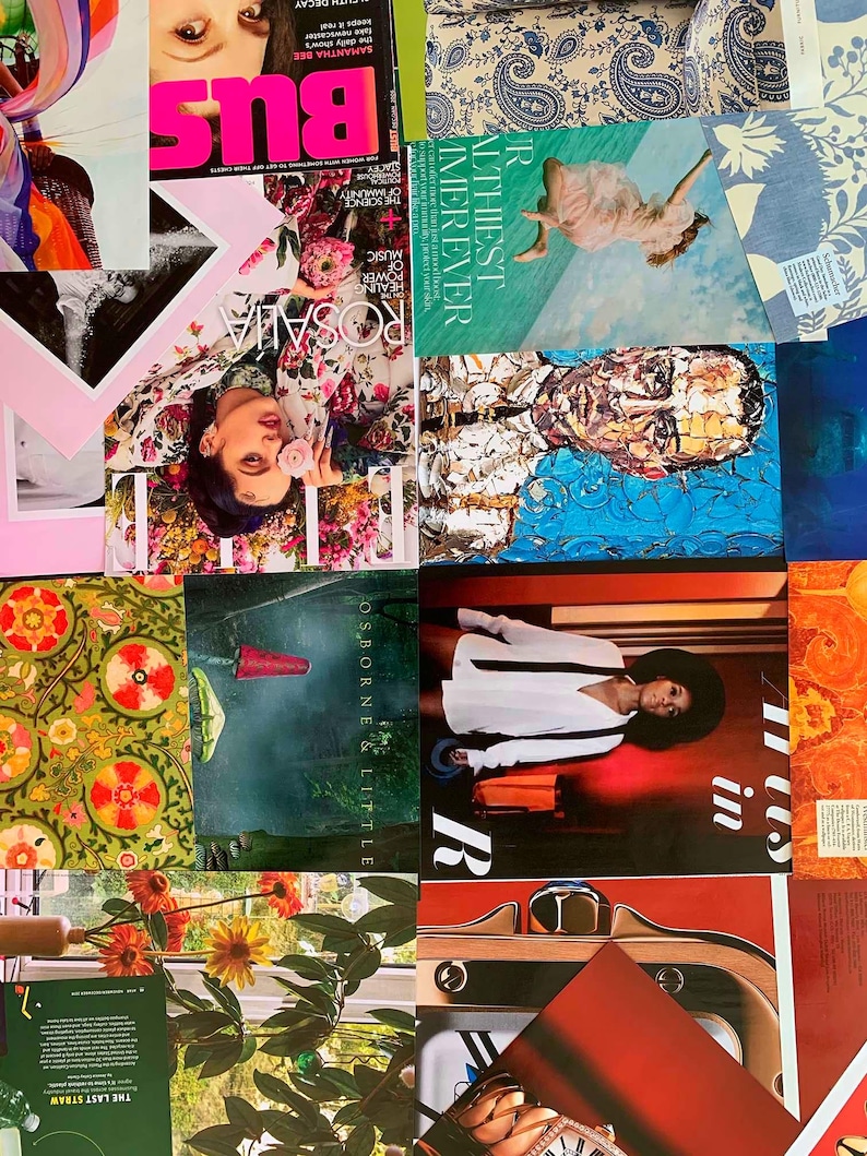K&ouml;nnte beinhalten: Eine Collage aus Zeitschriftenausschnitten mit verschiedenen Bildern, darunter eine Frau in einem Blumenkleid, ein Mann mit einem Mosaikgesicht, eine Frau in einem wei&szlig;en Hemd und schwarzer Krawatte und ein roter Hintergrund mit dem Text "all in".
