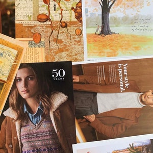 K&ouml;nnte beinhalten: Eine Collage aus Bildern mit einer braunen Lederjacke mit einem Lammfellkragen, einer braunen Strickweste mit einem bunten Muster, einem braunen Mantel mit einem wei&szlig;en Pullover darunter, einem Baum mit einem Fahrrad davor und einer Vintage-Illustration einer Pflanze mit Wurzeln.