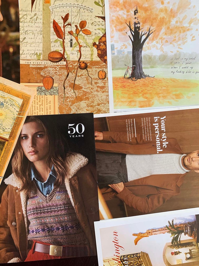 K&ouml;nnte beinhalten: Eine Collage aus Bildern mit einer braunen Lederjacke mit einem Lammfellkragen, einer braunen Strickweste mit einem bunten Muster, einem braunen Mantel mit einem wei&szlig;en Pullover darunter, einem Baum mit einem Fahrrad davor und einer Vintage-Illustration einer Pflanze mit Wurzeln.