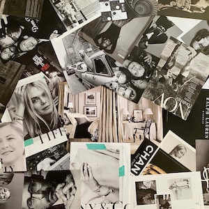 Puede incluir: Un collage de recortes de revistas en blanco y negro con im&aacute;genes de moda, belleza y estilo de vida. El collage incluye texto como "The Sele", "Dom", "Nov", "Ralph Lauren", "CHAN", "Pomellato" y "We have the power to truly".