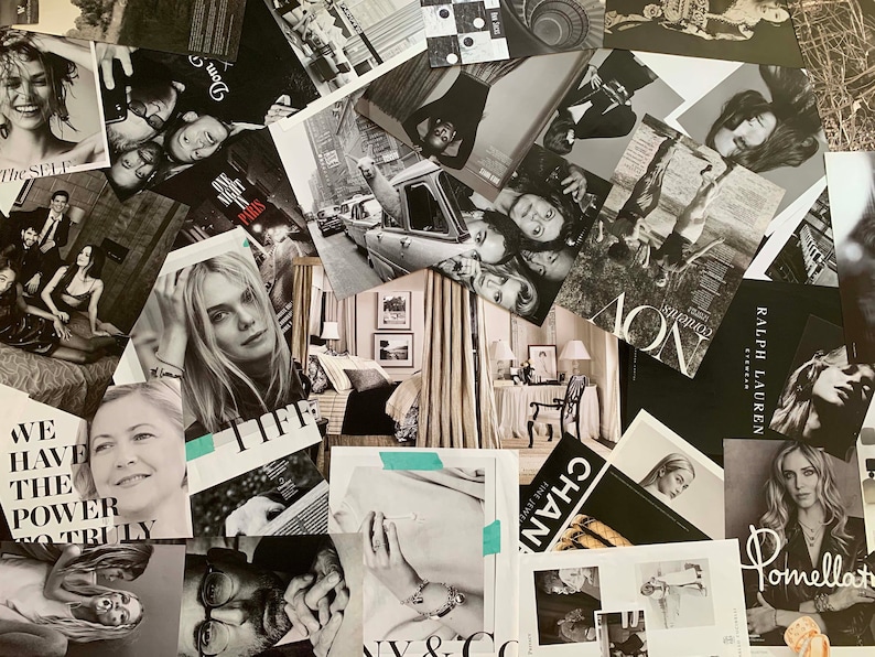 Puede incluir: Un collage de recortes de revistas en blanco y negro con im&aacute;genes de moda, belleza y estilo de vida. El collage incluye texto como "The Sele", "Dom", "Nov", "Ralph Lauren", "CHAN", "Pomellato" y "We have the power to truly".
