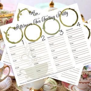 May include: A printable tea tasting party scorecard with four teacups and a title that reads "Afternoon Tea Tasting Party". The scorecard has four sections, each with a teacup stain and numbered 1 through 4. Each section has categories for appearance, aroma, taste, finish, and notes.