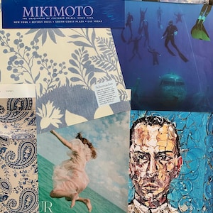 K&ouml;nnte beinhalten: Eine Collage aus Bildern mit einem blauen und wei&szlig;en Blumenmuster, einem blauen Paisley-Muster, einem blauen und wei&szlig;en gemusterten Stoff, einem Gem&auml;lde eines M&auml;nnergesichts, einem Foto einer Frau, die ins Meer springt, und einem Foto von Tauchern im Meer. Die Collage enth&auml;lt auch den Text "MIKIMOTO" und "JR ALTHIEST IMMER EVER".