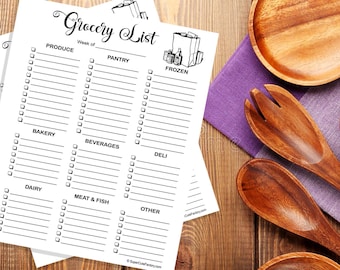 Lista de compras en blanco para el mercado de comestibles con categorías, imprimible, descargable y organizada.