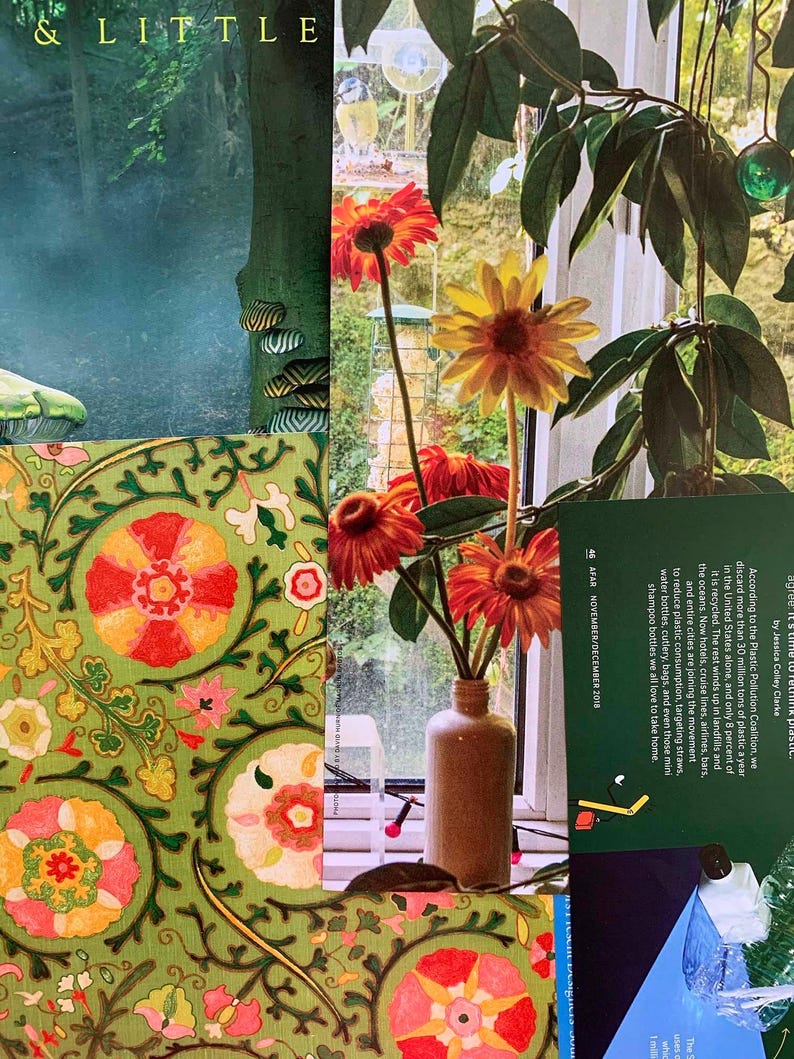 K&ouml;nnte beinhalten: Ein Strau&szlig; orangefarbener und gelber Blumen in einer durchsichtigen Glasvase auf einem Fenstersims. Die Blumen stehen vor einer gr&uuml;nen, belaubten Pflanze. Der Text auf der Karte lautet: "Laut der Plastic Pollution Coalition werden in den Vereinigten Staaten allein j&auml;hrlich &uuml;ber 30 Millionen Tonnen Plastik weggeworfen, und nur 8 Prozent davon werden recycelt. Der Rest landet auf M&uuml;lldeponien und in den Ozeanen. Jetzt schlie&szlig;en sich Hotels, Kreuzfahrtunternehmen, Fluggesellschaften, Bars und ganze St&auml;dte der Bewegung an, um den Plastikverbrauch zu reduzieren, indem sie Strohhalme, Wasserflaschen, Besteck, Taschen und sogar diese Mini-Shampoo-Flaschen ins Visier nehmen, die wir alle so gerne mit nach Hause nehmen."