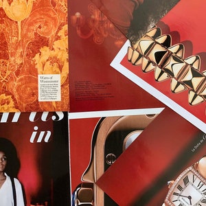 K&ouml;nnte beinhalten: Eine Collage aus Bildern mit einer goldenen Uhr mit einem diamantbesetzten Armband, einem goldenen Armband mit geometrischem Design und einem roten Hintergrund. Der Text "La Do&ntilde;a de Cartier" ist in der rechten unteren Ecke des Bildes sichtbar.