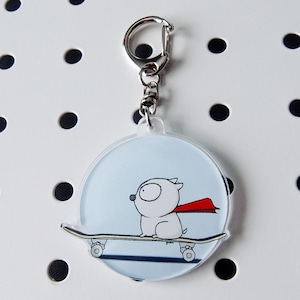 Hand-drawn Dog on Skateboard Cartoon Acrylic Charm with Swivel Clasp for Backpack, Handbag, Purse, Bag, Keychain, Great Gift for Dog Lover