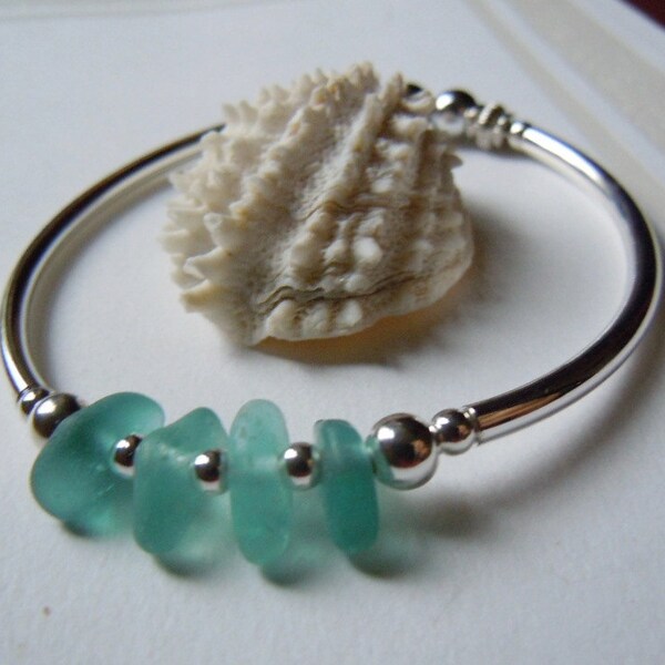 Sea Glass Bracelet, Turquoise Beach Glass Jewelry, Silver Seaglass Bracelet