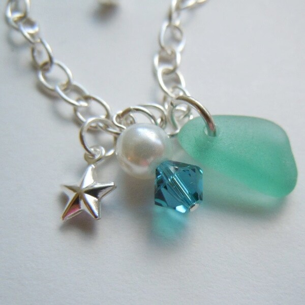 Aqua Sea Glass Anklet Beach Glass Chain Anklet -  Seaglass Anklet