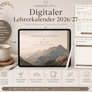 Könnte beinhalten: Ein digitaler Lehrerkalender 2026/27 auf einem Tablet mit Eingabestift. Der Bildschirm zeigt eine Berglandschaft und den Text LEHRERKALENDER 26 | 27. Enthält Notenberechnungslisten, Ferienpläne und Planungstools für die Nutzung in PDF-Apps.