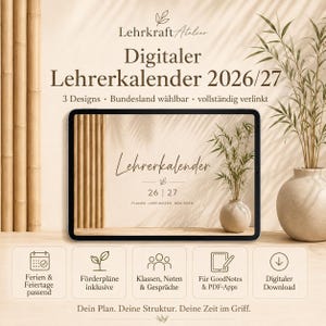 Könnte beinhalten: Ein digitaler Lehrerkalender 2026/27 auf einem Tablet-Bildschirm. Die Anzeige enthält den Text Lehrkraft Atelier, Lehrerkalender 26 | 27 sowie Planen, Inspirieren, Bewirken. Symbole zeigen Funktionen wie Ferien, Förderpläne und Noten an.