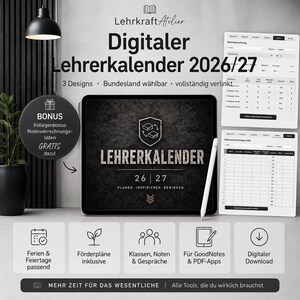 Könnte beinhalten: Ein digitaler Lehrerkalender 2026/27 auf einem Tablet mit Eingabestift. Der Bildschirm zeigt den Text LEHRERKALENDER 26 | 27. Enthält Bonus-Notenverrechnungslisten, Ferienpläne, Förderpläne sowie Kompatibilität für GoodNotes und PDF-Apps.