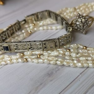 Antique Art Deco 10K White Gold Bracelet with Diamond and Sapphire, Antique 10ct Bracelet, Sapphire Bracelet, Vintage Art Deco bracelet
