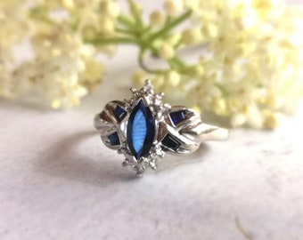 Vintage Blue Topaz Diamond Ring 10K White Gold Marquise Topaz Ring Antique Multi Stone Ring Size 6.75