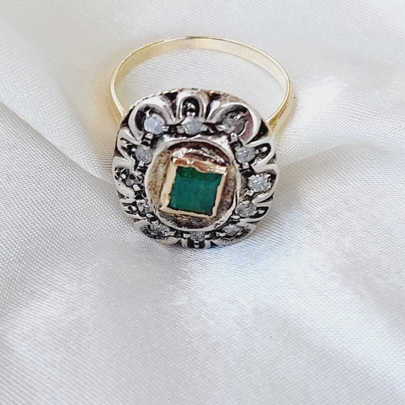 Antique Emerald Diamond Ring 14K Gold Vintage Emerald Ring Green Stone Ring Art Deco Halo Ring Size 5.5
