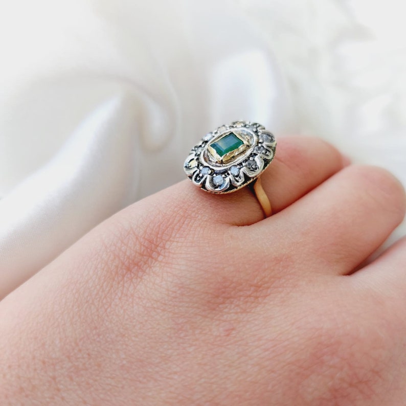 Antique Emerald Diamond Ring 14K Gold Vintage Emerald Ring Green Stone Ring Art Deco Halo Ring Size 5.5 image 3