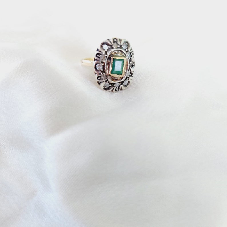 Antique Emerald Diamond Ring 14K Gold Vintage Emerald Ring Green Stone Ring Art Deco Halo Ring Size 5.5 image 4