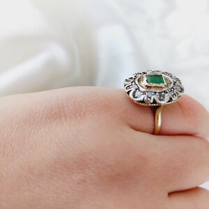 Antique Emerald Diamond Ring 14K Gold Vintage Emerald Ring Green Stone Ring Art Deco Halo Ring Size 5.5 image 2