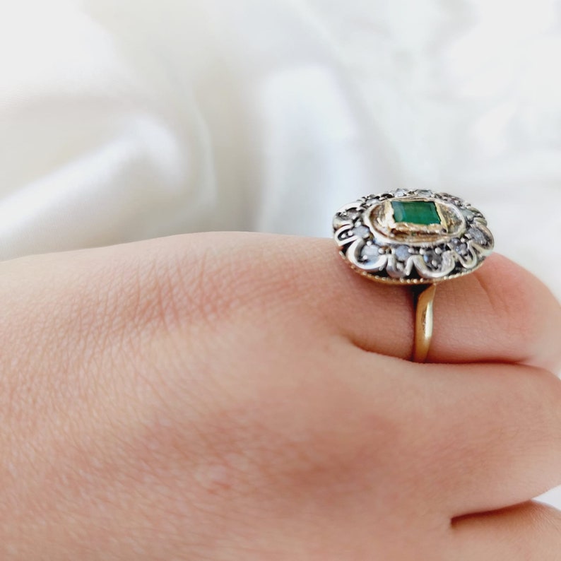 Antique Emerald Diamond Ring 14K Gold Vintage Emerald Ring Green Stone Ring Art Deco Halo Ring Size 5.5 image 2