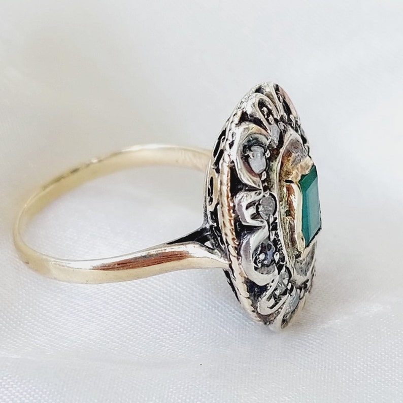 Antique Emerald Diamond Ring 14K Gold Vintage Emerald Ring Green Stone Ring Art Deco Halo Ring Size 5.5 image 8