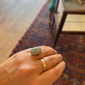 Antique Emerald Diamond Ring 14K Gold Vintage Emerald Ring Green Stone Ring Art Deco Halo Ring Size 5.5 image 6