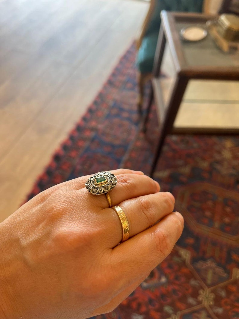 Antique Emerald Diamond Ring 14K Gold Vintage Emerald Ring Green Stone Ring Art Deco Halo Ring Size 5.5 image 6