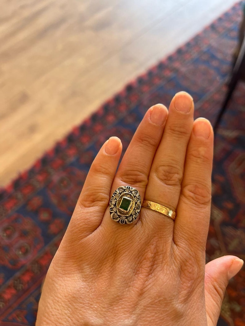 Antique Emerald Diamond Ring 14K Gold Vintage Emerald Ring Green Stone Ring Art Deco Halo Ring Size 5.5 image 7