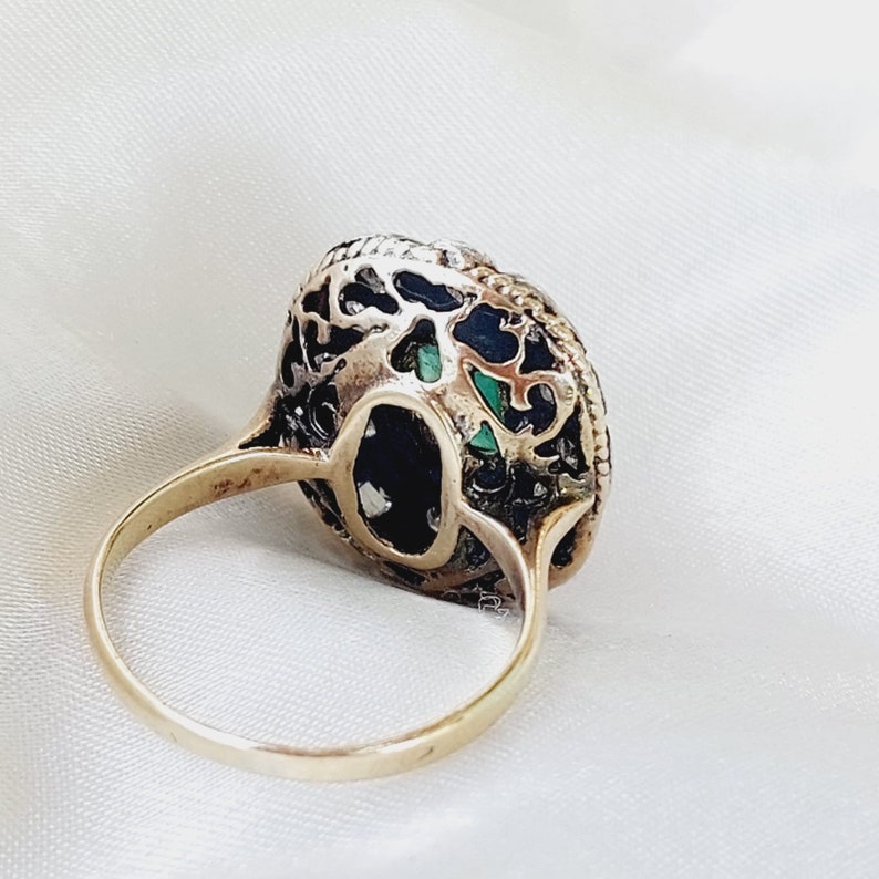 Antique Emerald Diamond Ring 14K Gold Vintage Emerald Ring Green Stone Ring Art Deco Halo Ring Size 5.5 image 5