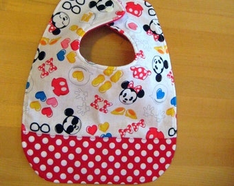 Mickey and Minnie Mouse, baby Bib, white with Red polka dots, Flannel back