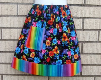 Bright Floral and Rainbow skirt, Black Floral, blue flowers and Rainbows, Girls skirt size 7