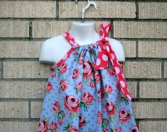 Blue floral and pink polka dot girls Pillowcase dress,  summer dress