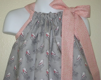 Pink and Grey Song Bird Pillowcase dress, LAST ONE, SIZE 4