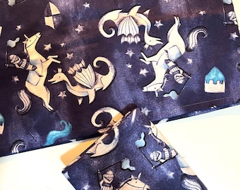 Pocket FLANNEL Pillowcase, Dragons and Castles on Navy Flannel standard size pillowcase, envelope pillowcase